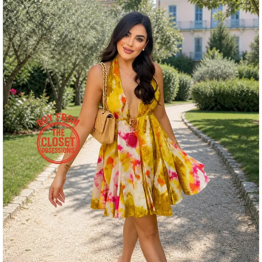 ZARA Yellow Floral Halter Mini Dress Open Back Resort Vacation Sundress NWT